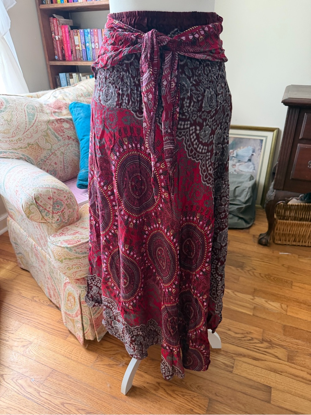 Red Paisley Bohemian Maxi Skirt with Tie Waist